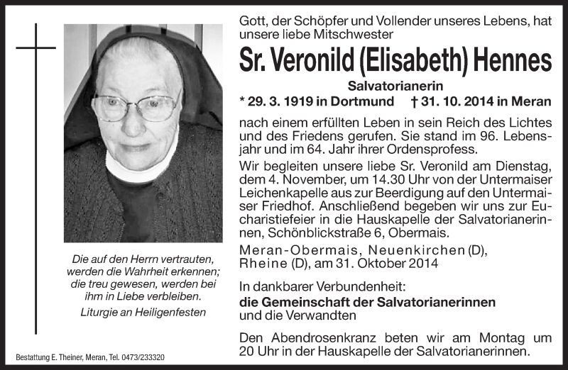  Traueranzeige für Veronild Elisabeth Hennes vom 03.11.2014 aus Dolomiten