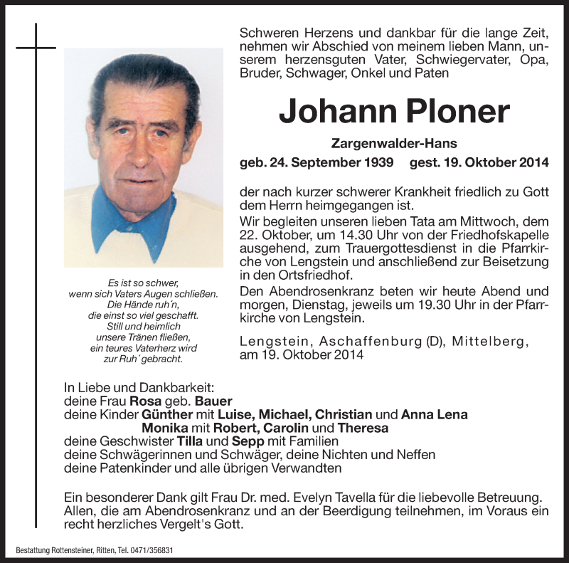  Traueranzeige für Johann Ploner vom 20.10.2014 aus Dolomiten