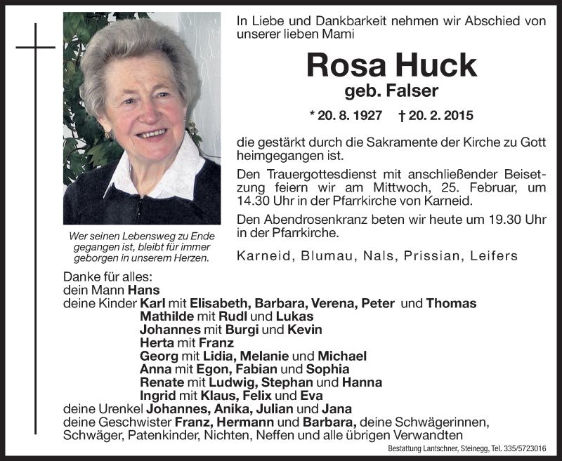  Traueranzeige für Rosa Huck vom 24.02.2015 aus Dolomiten