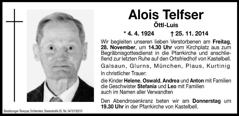  Traueranzeige für Alois Telfser vom 27.11.2014 aus Dolomiten