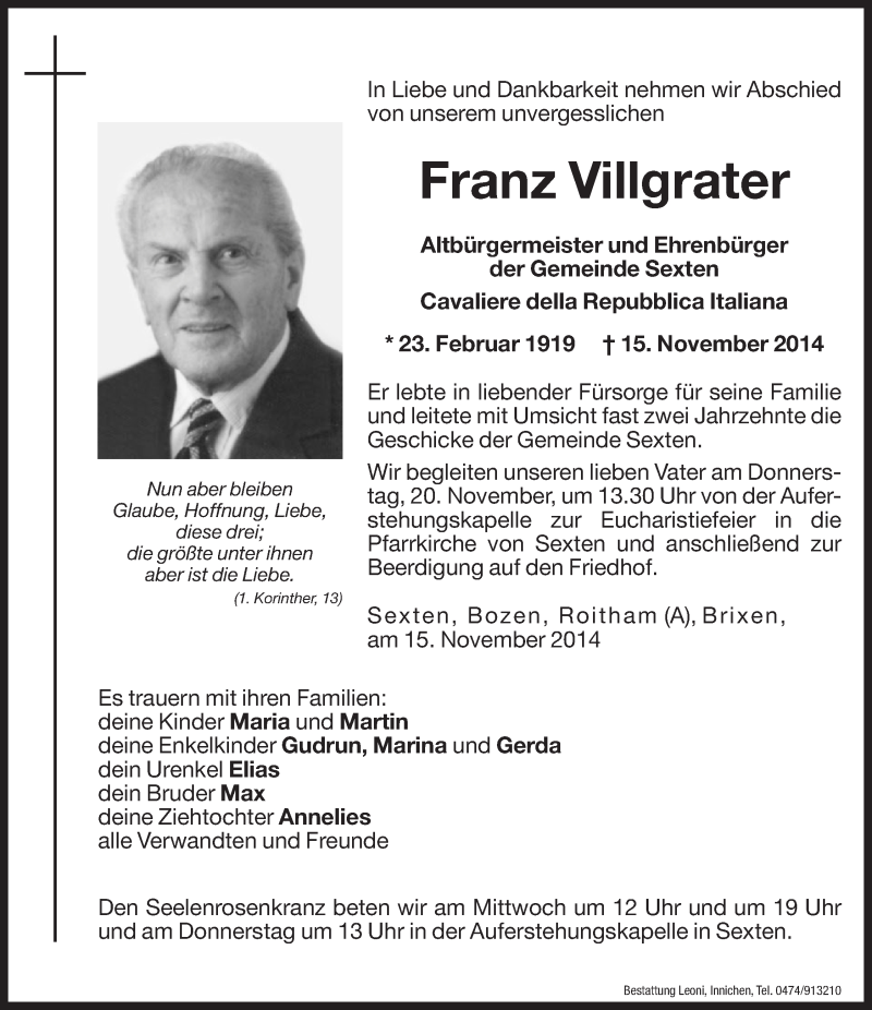  Traueranzeige für Franz Villgrater vom 17.11.2014 aus Dolomiten