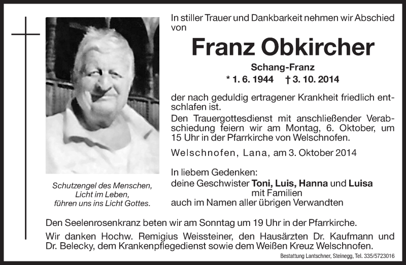  Traueranzeige für Franz Obkircher vom 04.10.2014 aus Dolomiten