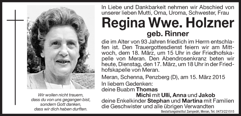  Traueranzeige für Regina Holzner vom 17.03.2015 aus Dolomiten