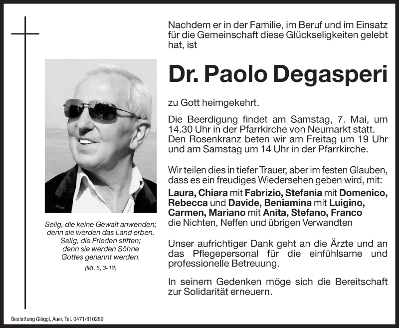  Traueranzeige für Paolo Degasperi vom 06.05.2016 aus Dolomiten