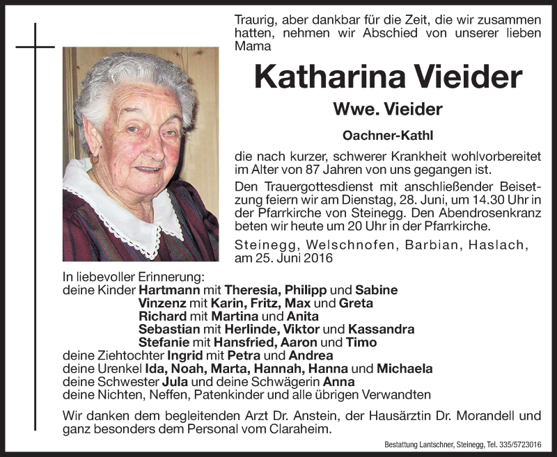  Traueranzeige für Katharina Vieider vom 27.06.2016 aus Dolomiten