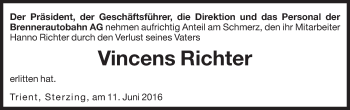 Traueranzeige von Vincens Richter von Dolomiten