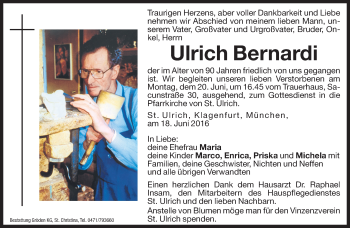 Traueranzeige von Ulrich Bernardi von Dolomiten