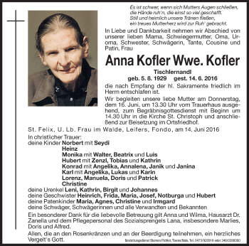 Traueranzeige von Anna Kofler von Dolomiten