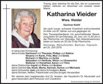 Traueranzeige von Katharina Vieider von Dolomiten