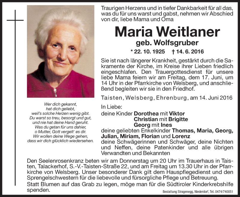  Traueranzeige für Maria Weitlaner vom 16.06.2016 aus Dolomiten