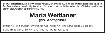 Traueranzeige von Maria Weitlaner von Dolomiten