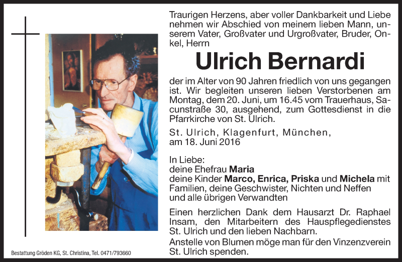  Traueranzeige für Ulrich Bernardi vom 20.06.2016 aus Dolomiten