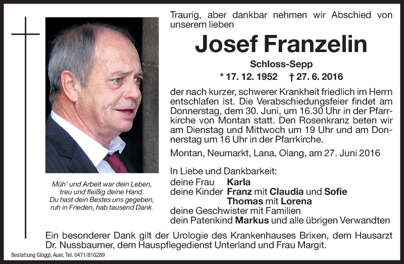  Traueranzeige für Josef Franzelin vom 28.06.2016 aus Dolomiten