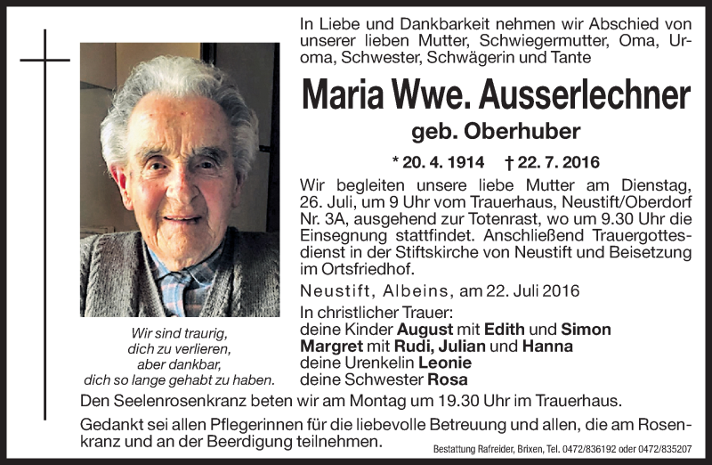  Traueranzeige für Maria Ausserlechner vom 25.07.2016 aus Dolomiten