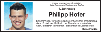 Traueranzeige von Philipp Hofer von Dolomiten