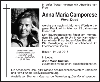 Traueranzeige von Anna Maria  Dadò von Dolomiten