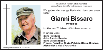 Traueranzeige von Gianni Bissaro von Dolomiten