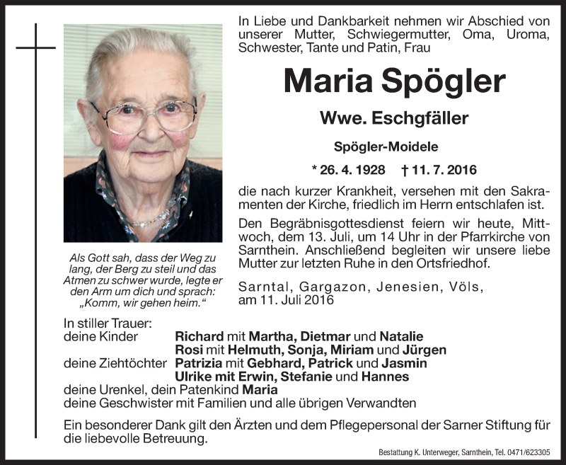  Traueranzeige für Maria Eschgfäller vom 13.07.2016 aus Dolomiten