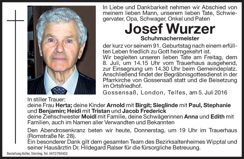  Traueranzeige für Josef Wurzer vom 07.07.2016 aus Athesia Dolmiten