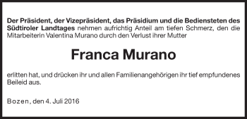 Traueranzeige von Franca Murano von Dolomiten