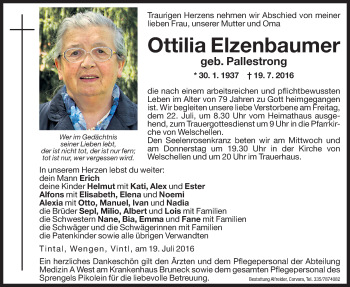 Traueranzeige von Ottilia Elzenbaumer von Dolomiten