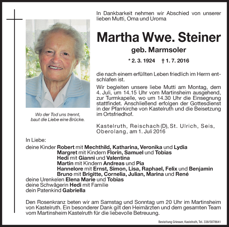  Traueranzeige für Martha Steiner vom 02.07.2016 aus Dolomiten