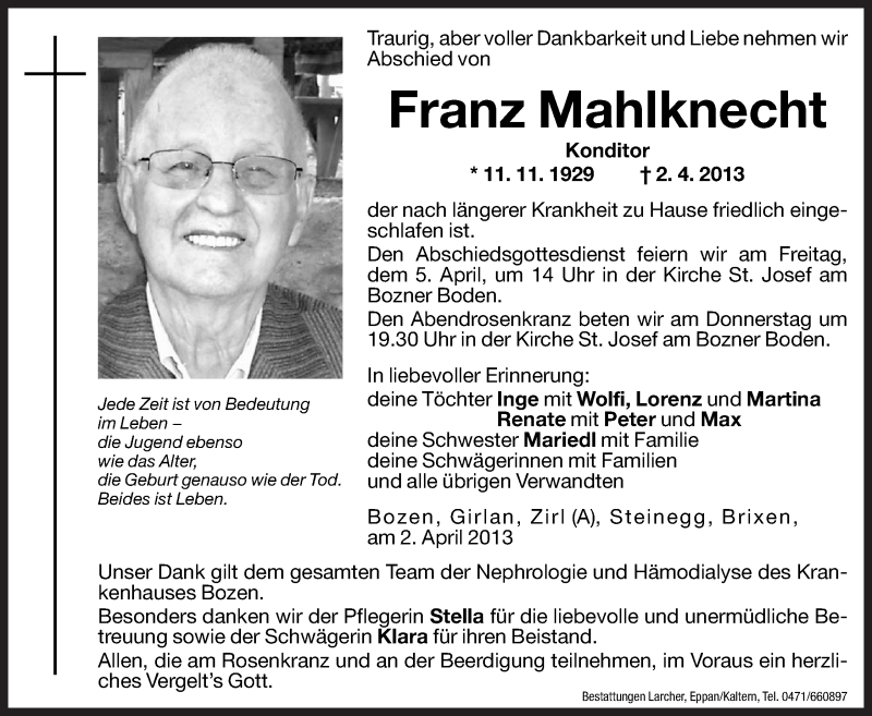 Traueranzeige für Franz Mahlknecht vom 03.04.2013 aus 