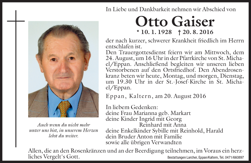  Traueranzeige für Otto Gaiser vom 22.08.2016 aus Dolomiten