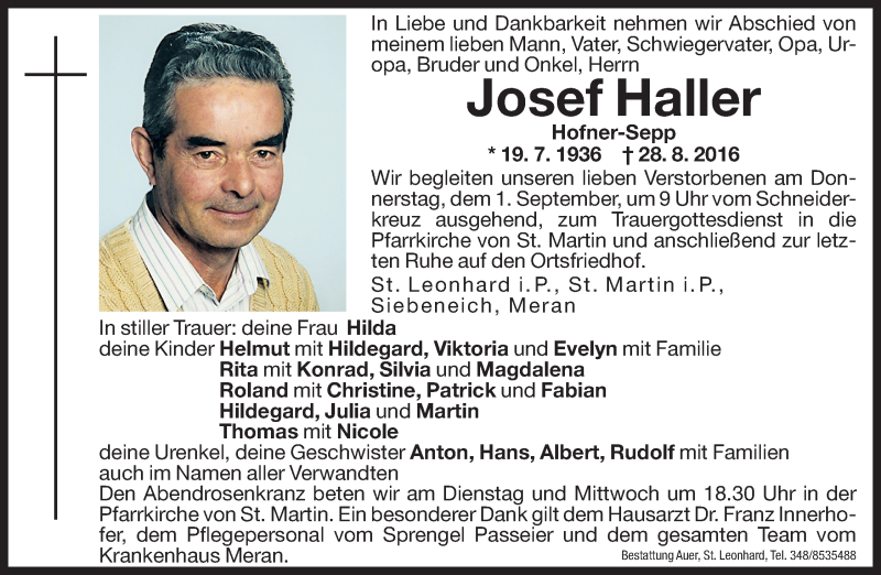  Traueranzeige für Josef Haller vom 30.08.2016 aus Dolomiten