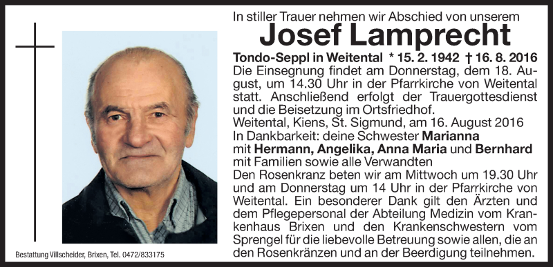  Traueranzeige für Josef Lamprecht vom 17.08.2016 aus Dolomiten