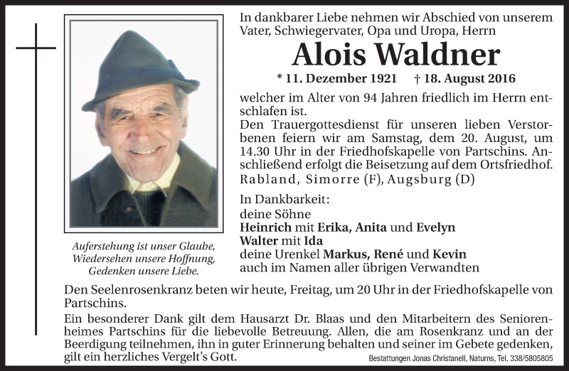  Traueranzeige für Alois Waldner vom 19.08.2016 aus Dolomiten