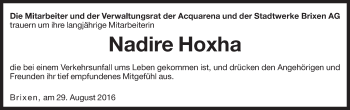 Traueranzeige von Nadire Hoxha von Dolomiten