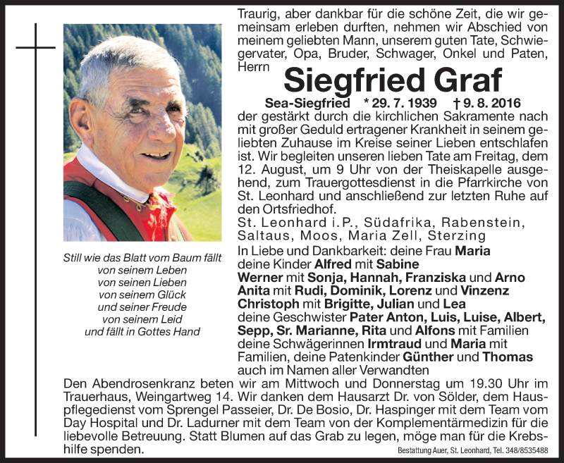  Traueranzeige für Siegfried Graf vom 10.08.2016 aus Dolomiten