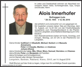 Traueranzeige von Alois Innerhofer von Zett