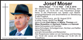 Traueranzeige von Josef Moser von Dolomiten