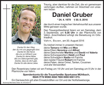 Traueranzeigen Von Daniel Gruber | Trauer.bz