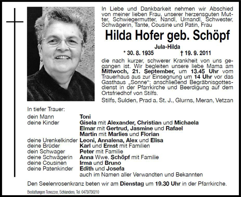  Traueranzeige für Hilda Hofer vom 20.09.2011 aus Dolomiten