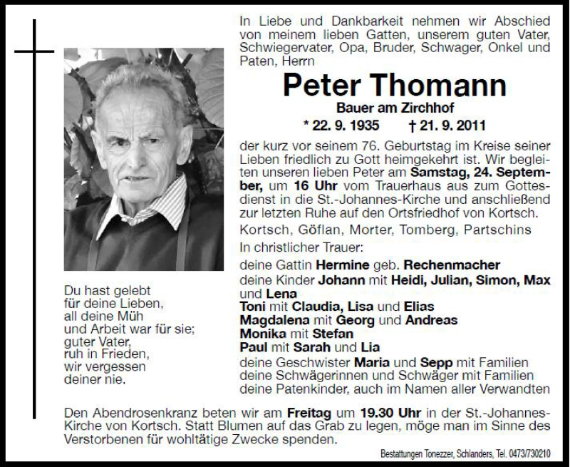  Traueranzeige für Peter Thomann vom 23.09.2011 aus Dolomiten