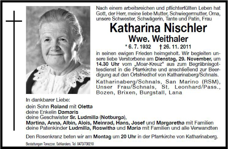  Traueranzeige für Katharina Weithaler vom 28.11.2011 aus Dolomiten