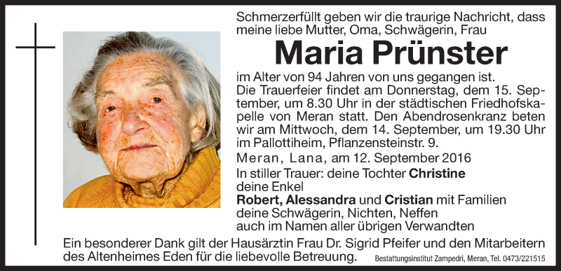  Traueranzeige für Maria Prünster vom 14.09.2016 aus Dolomiten