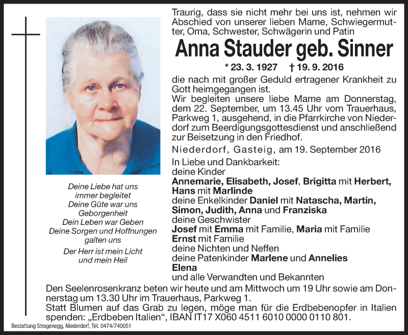 Traueranzeige für Anna Stauder vom 20.09.2016 aus Dolomiten