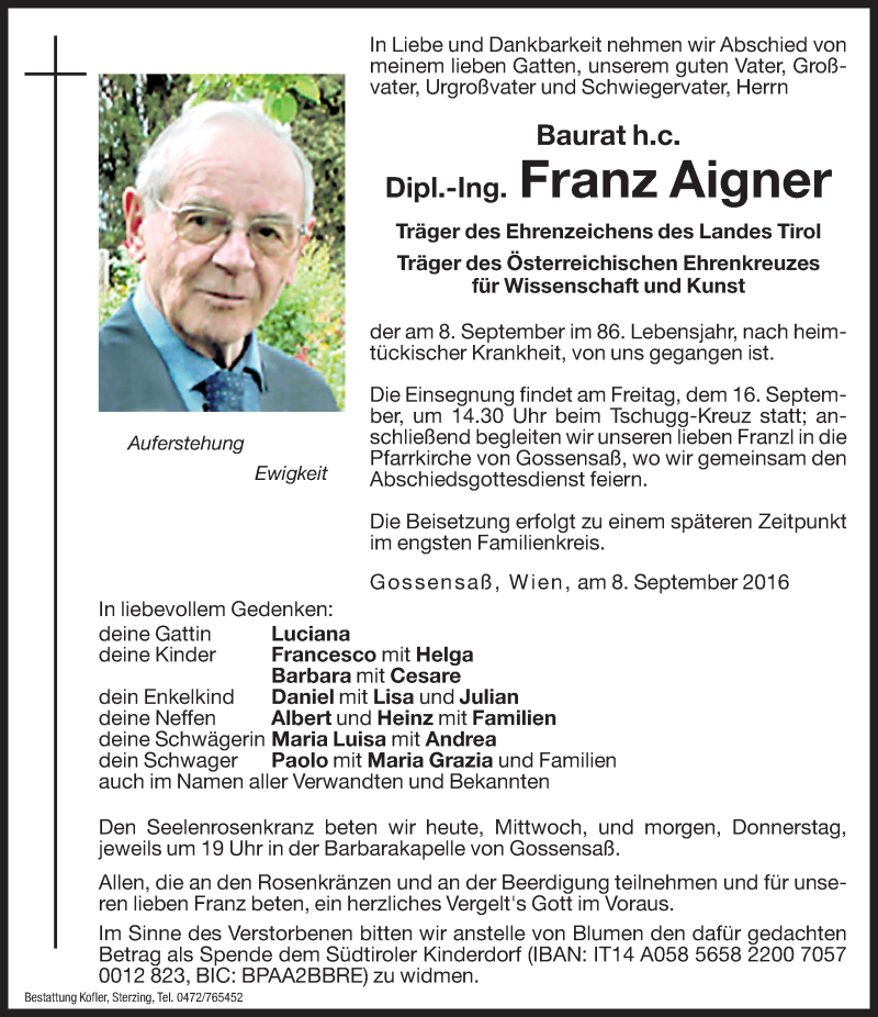 Traueranzeigen von Franz Aigner Trauer.bz