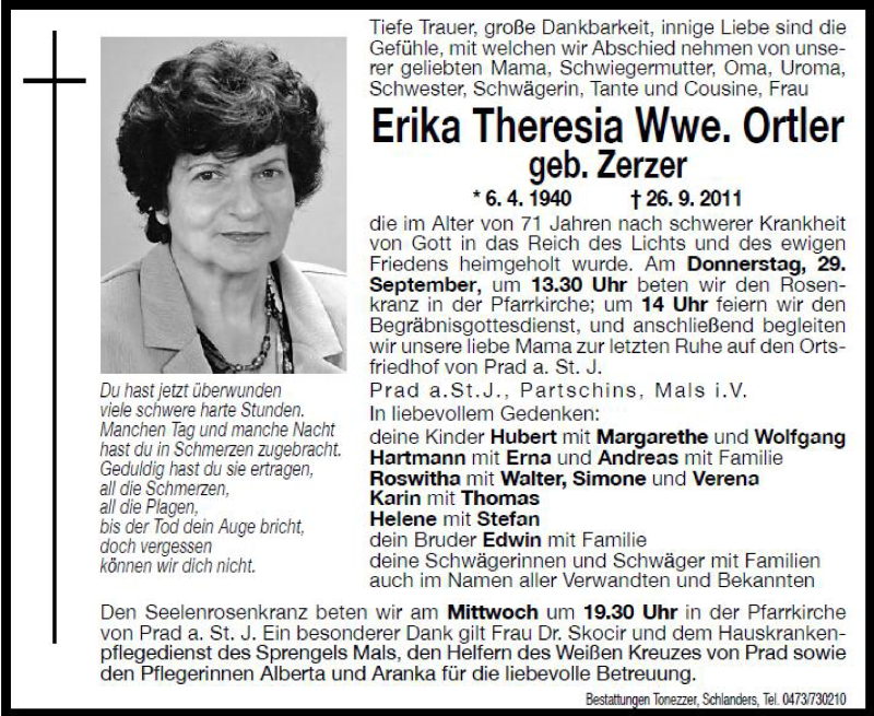  Traueranzeige für Erika Theresia Ortler vom 28.09.2011 aus Dolomiten