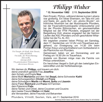 Traueranzeige von Philipp Huber von Dolomiten