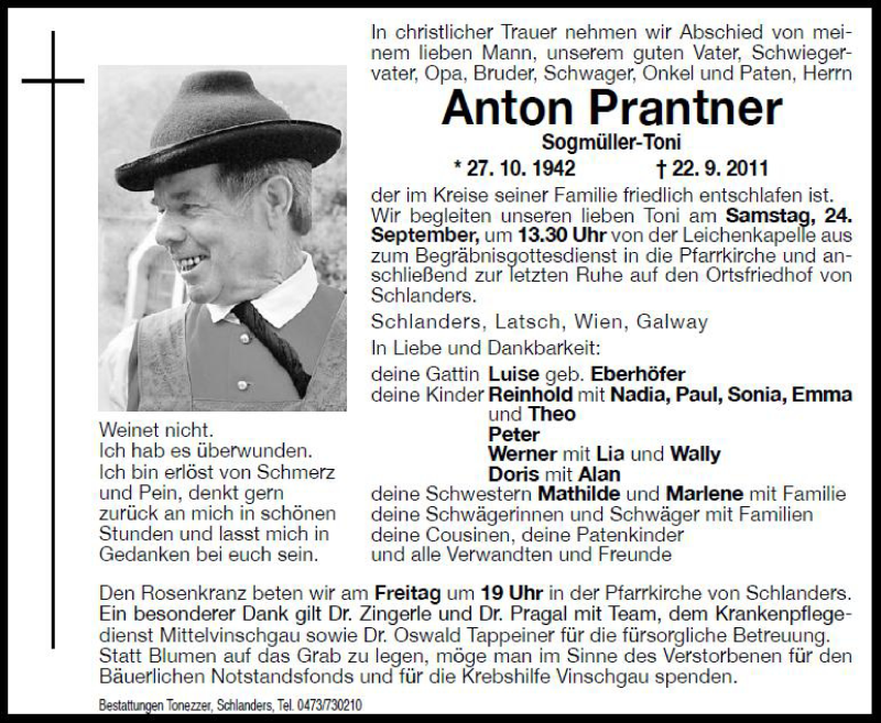  Traueranzeige für Anton Prantner vom 23.09.2011 aus Dolomiten