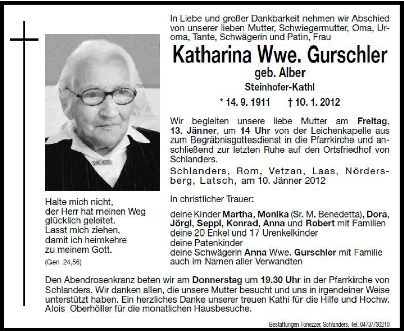  Traueranzeige für Katharina Gurschler vom 12.01.2012 aus Dolomiten