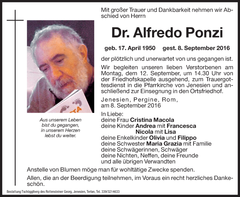  Traueranzeige für Alfredo Ponzi vom 10.09.2016 aus Dolomiten