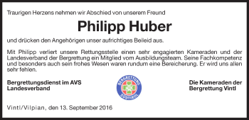 Traueranzeige von Philipp Huber von Dolomiten