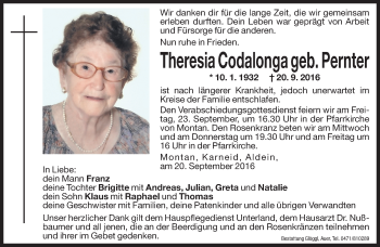 Traueranzeige von Theresia Codalonga von Dolomiten