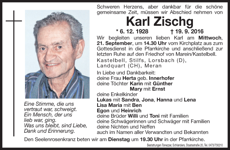 Traueranzeige für Karl Zischg vom 20.09.2016 aus Dolomiten